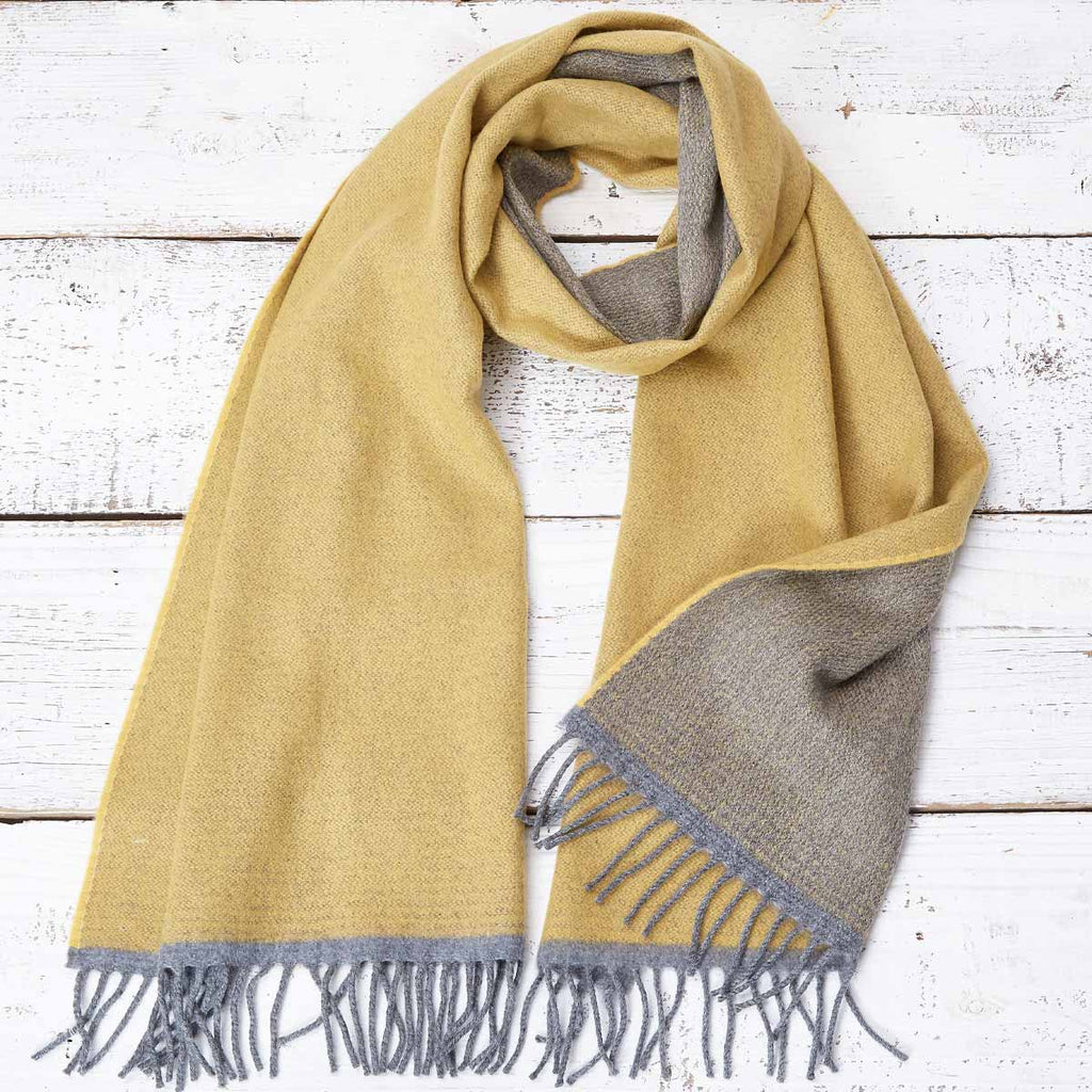 Large Cashmere Mix Mustard Yellow Scarf - Mustard & Grey Reversible - Tolly McRae