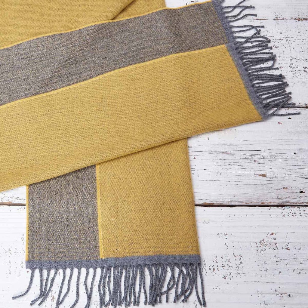 Large Cashmere Mix Mustard Yellow Scarf - Mustard & Grey Reversible - Tolly McRae