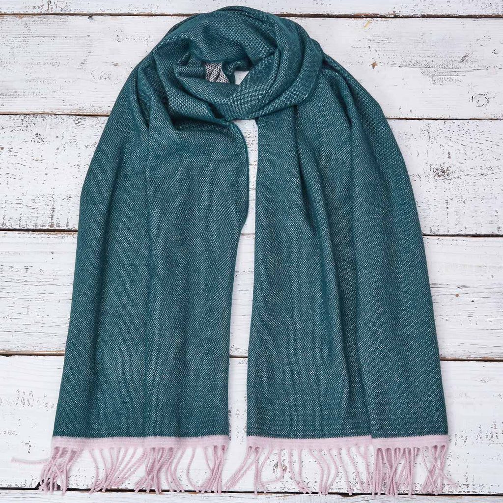 Large Cashmere Mix Green Scarf - Forest Green & Pink Reversible - Tolly McRae